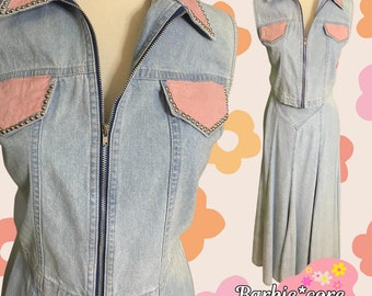 Vintage jaren 90 tweedelige set - ADFrank denim vest en rok - roze stud versieringen - retro westerse mode