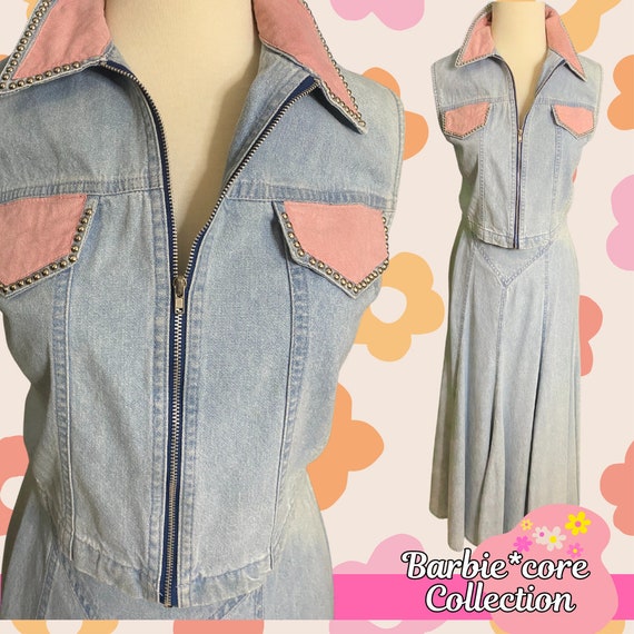 Vintage 90s Two Piece Set Adfrank Denim Vest and Skirt Pink
