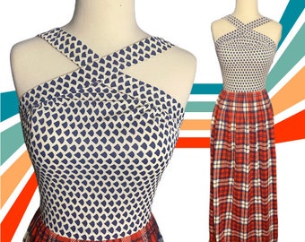 Vintage Gay Gibson maxi-jurk - Double Print Plaid en Mod Cross Front Halter - Retro Chic Fashion