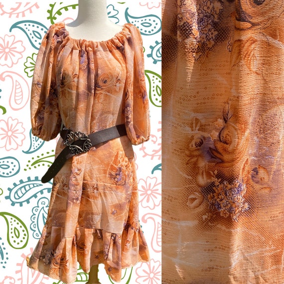 Vintage 1970s Dusty Rose Print Peasant Dress - Ret