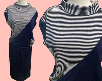Jaren 1980 ARBE importeert marineblauw gestreepte wolmix tweedelige top en rokset - Vintage Mad Men-stijl met kleurblok