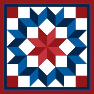 May include: A red and blue quilt block with a star design. The star is red and the background is white with a blue border.