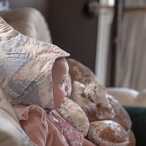 Upcycled Quilted Baby Pixie Easter Spring Bonnet Pastel Pink Purple and White Fully Lined 0-6 mo