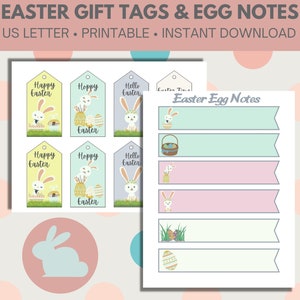 Può includere: Etichette regalo di Pasqua e note per uova stampabili con adorabili illustrazioni di coniglietti. Le etichette dicono "Buona Pasqua", "Pasqua allegra" e "Ciao Pasqua". Le note per uova sono vuote e pronte per essere riempite di messaggi.