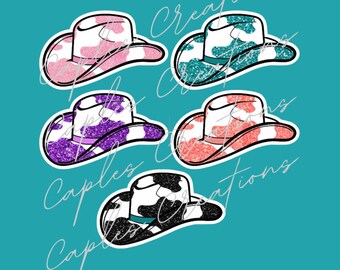 Glitter Cowprint Cowboy Hat Stickers - Cowboy Hat Sticker Collection - Western Sticker, Laptop Sticker, Cowprint Sticker
