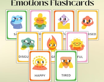 May include: A set of 10 colorful flashcards featuring cartoon characters expressing different emotions. The emotions include sad, angry, surprised, disgusted, happy, tired, grateful, joyful, and fearful. Each card has a simple illustration and the corresponding emotion word printed below.
