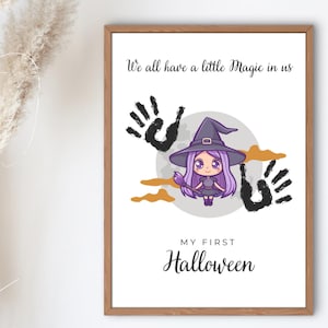 Strega carina Il mio primo lavoretto di Halloween con impronta della mano Modello per il primo Halloween del bambino Regalo per attività per bambini Arte murale personalizzata per bambini