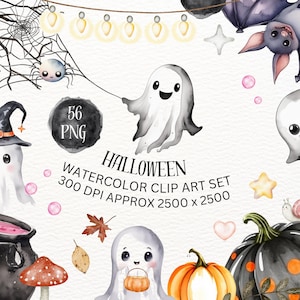 かわいい水彩ハロウィーン クリップアート バンドル、パステル 不気味なクリップアート キッズ ハロウィーン PNG、モダンなハロウィーン デジタル ステッカー、愛らしいゴースト アート
