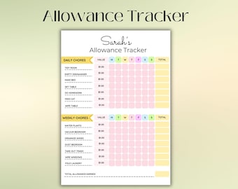 May include: A printable allowance tracker chart for children with a pink and yellow colour scheme. The chart is titled "Sarah's Allowance Tracker" and includes sections for daily and weekly chores with a value assigned to each chore. The chart has columns for each day of the week and a total column.