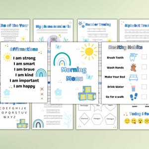 Könnte beinhalten: Ein druckbares Set an Arbeitsblättern für Kinder mit einem blau-weißen Farbschema mit Regenbögen, Sternen und Schmetterlingen. Die Arbeitsblätter beinhalten Aktivitäten wie das Nachzeichnen von Buchstaben und Zahlen, das Schreiben von Affirmationen und das Ausfüllen eines Morgenmenüs.