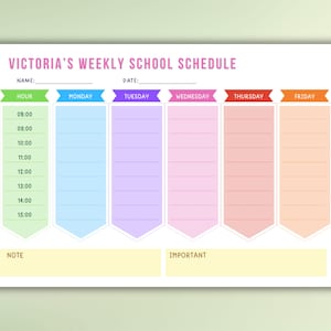 May include: A printable weekly school schedule template with a colorful design. The template includes sections for name, date, hour, Monday, Tuesday, Wednesday, Thursday, Friday, note, and important.