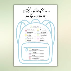 Liste de contrôle pour sac à dos coloré pour enfants Tableau de sac d'école pour emballage Feuille de rappel visuel quotidien Modèle de liste de contrôle pour l'organisation des étudiants Liste de sacs à dos