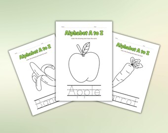 May include: Three black and white printable worksheets for children to colour and trace the letters A, B, and C. The worksheets feature an apple, banana, and carrot.