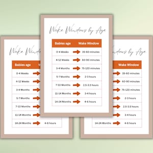 May include: Three orange and white charts with the title "Wake Windows by Age". The charts show the recommended wake windows for babies and toddlers from 0-4 weeks to 14-24 months. The wake windows are listed in minutes and hours.