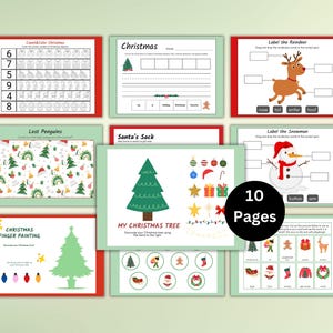 May include: A set of 10 printable Christmas activity pages for kids. The pages include activities such as counting and coloring, labeling parts of a reindeer and snowman, finding lost penguins, and decorating a Christmas tree.