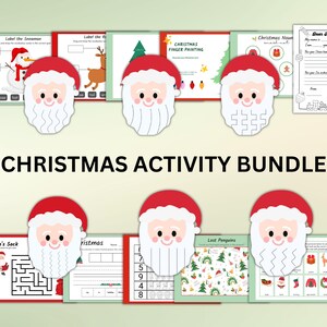 May include: A Christmas activity bundle with Santa Claus illustrations and various activities for kids, including a maze, finger painting, and a "Dear Santa" letter.