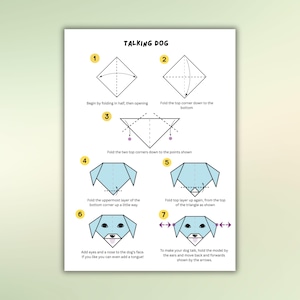 Peut inclure: Une feuille blanche avec des instructions d'origami pour un chien en papier, intitulée "TALKING DOG". Des schémas illustrent les étapes de pliage pour former le chien, avec du texte. La dernière étape montre comment faire bouger la bouche du chien.