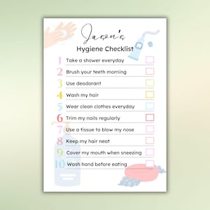 Puede incluir: Una lista de verificación imprimible para niños con una ilustración de dibujos animados de una mano lavándose y un tubo de pasta de dientes. La lista de verificación incluye tareas de higiene como ducharse, cepillarse los dientes, usar desodorante, lavarse el cabello, usar ropa limpia, cortarse las uñas, usar un pañuelo para sonarse la nariz, mantener el cabello limpio, cubrirse la boca al estornudar y lavarse las manos antes de comer.