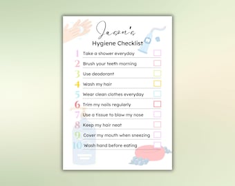 May include: A printable checklist for children with a cartoon illustration of a hand washing and a tube of toothpaste. The checklist includes hygiene tasks such as taking a shower, brushing teeth, using deodorant, washing hair, wearing clean clothes, trimming nails, using a tissue to blow one's nose, keeping hair neat, covering one's mouth when sneezing, and washing hands before eating.