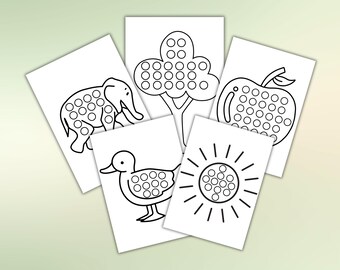 May include: Five black and white printable dot-to-dot activity sheets featuring an elephant, a tree, an apple, a duck, and a sun.