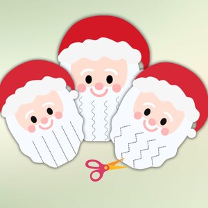 May include: Three printable Santa Claus face cutouts with red hats and white beards. Each beard has a different pattern to cut out.