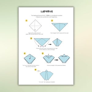 Op de afbeelding: Een witte pagina met instructies voor het vouwen van een lieveheersbeestje van papier. De titel "LADYBUG" staat bovenaan, met tekst eronder die stelt dat het lieveheersbeestje een symbool van geluk is. De instructies zijn genummerd.