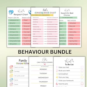 May include: A printable behaviour bundle for kids with charts and checklists. The charts include a respect chart, a consequence chart, a good vs. bad choices chart, a family house rules chart, a can finish dinner chart, and a to-do list. The charts are in pink, green, and blue colours.