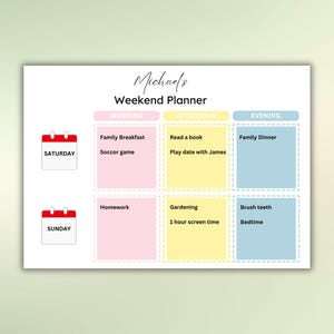 May include: A printable weekend planner with a light pink, yellow, and blue colour scheme. The planner is divided into three sections: morning, afternoon, and evening. Each section has two boxes for Saturday and Sunday. The planner includes the text "Michael's Weekend Planner".