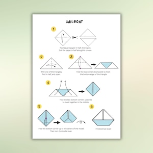 Può includere: Un foglio bianco con istruzioni per piegare una barca di carta. Il titolo "SAILBOAT" è in alto. I diagrammi mostrano il processo di piegatura, partendo da un quadrato di carta e terminando con una forma di barca.