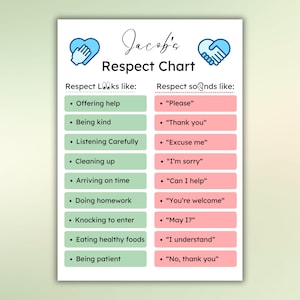 May include: A green and pink chart titled "Jacob's Respect Chart" with two hand-drawn hearts at the top. The chart lists examples of how respect looks and sounds.  The left side lists actions like "Offering help" and "Being kind". The right side lists phrases like "Please" and "Thank you".