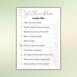 Checklist schoonmaak kinderkamer Eenvoudige bewerkbare schoonmaaklijst Kleurrijke schoonmaakplanner voor kinderen Eenvoudig opruimen dagelijkse routine-trackergrafiek