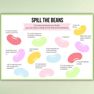 May include: A printable worksheet with a colorful bean design. The worksheet has the title "Spill the Beans" and includes prompts for self-reflection.  The prompts include questions like "If I have a problem, I know I can turn to..." and "What I like most about myself is that I..."