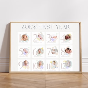 Letrero de cumpleaños de hito bohemio Póster minimalista del primer año del bebé Collage de fotos para niños Plantilla para el primer cumpleaños Tablero de imágenes para bebés de un año