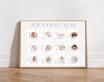 May include: A framed collage of twelve photos of a baby, each photo representing a month of the baby's first year. The photos are arranged in a grid with a number and the text "months old" below each photo. The title "ZOE'S FIRST YEAR" is at the top of the collage.