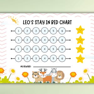 Op de afbeelding: Een printbare kaart voor kinderen om hun voortgang bij het in bed blijven bij te houden. De kaart heeft de titel "LEO'S STAY IN BED CHART", zes cirkels voor elke nacht van de week en vier sterren met blije gezichten. De kaart is versierd met een zon, wolken en een rand van roze en witte zigzagjes.