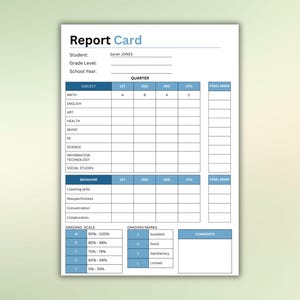 Libreta de calificaciones de la escuela en casa Hoja de calificaciones de estudiantes de educación en casa Lista de resultados de alumnos A4 Cuadro de progreso de calificaciones de niños Plantilla de páginas del libro de calificaciones rellenables