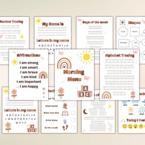 Könnte beinhalten: Druckbare Arbeitsblätter für Kinder mit Aktivitäten wie Zahlen nachzeichnen, Alphabet nachzeichnen, Formen erkennen und ein Morgenmenü. Die Arbeitsblätter haben einen Boho-Look mit Regenbögen, Schmetterlingen und Blumen.