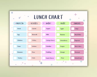 Pastel sparkly star lunchbox checklist Picky eater kids menu planner School lunch pack ideas template Lunch box Healthy food chart for kid