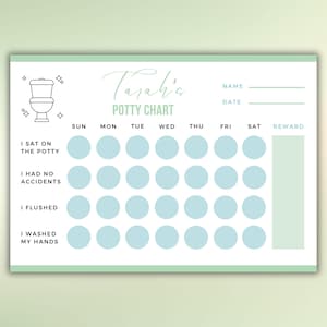 以下が含まれることがあります： 「Tarahia's Potty Chart」と書いてある、薄い青と緑のトイレトレーニングチャート。チャートには、週の曜日ごとにスペースがあり、4つのカテゴリー「I sat on the potty」「I had no accidents」「I flushed」「I washed my hands」があります。