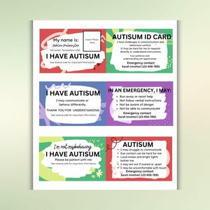 Carta d'identità per bambini autistici Carte di contatto di emergenza colorate Tessera medica per bambini autistici Etichette per tessere di identificazione medica Carta di comunicazione non verbale per l'autismo