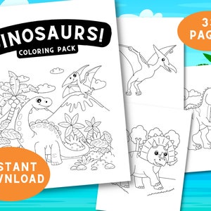 ¡Dinosaurios! Paquete de páginas para colorear para niños de 2 a 8 años / 33 páginas imprimibles de Dino Coloring Fun