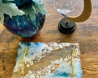 Serving Tray; ocean/beach tray featuring shells, blue ocean and white waves with gold handles; food safe resin
