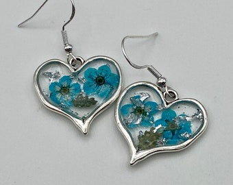 Heart Shaped Blue Flower Earrings