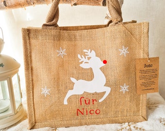 Jute bag Rudolf with red nose-personalized/gift bag/reindeer with name/St. Nicholas bag/Christmas bag