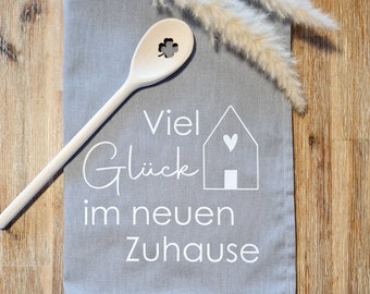 Geschirrspültuch mit Kochlöffel/ Geschenk zum Einzug Haus Wohnung Eigenheim Hausbau/ Einweihungsgeschenk/ Küchentuch mit Kochlöffel