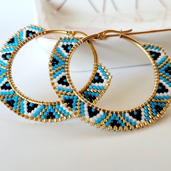 Beaded Hoop Earrings-Blue Earrings-Seed bead earrings-Boho-Southwestern