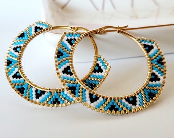 Beaded Hoop Earrings-Blue Earrings-Seed bead earrings-Boho-Southwestern