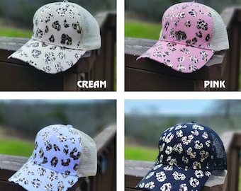 Metallic Leopard Print Ponytail hat-Baseball Hat-Messy Hair Hat-Sports Hat-Personalized Hats-Sports Mom Hat