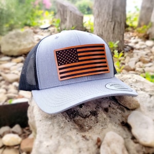 Richardson 112 Snapback, Yupoong Snapback, Flag Leather Patch Hat, Laser Engraved, Trucker Hat, Custom Leather Patch Hats