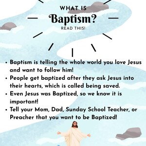 May include: An illustrated graphic with the text "WHAT IS Baptism? READ THIS!" and bullet points explaining baptism. The image includes a depiction of Jesus in white robes standing in water, with a light blue background.